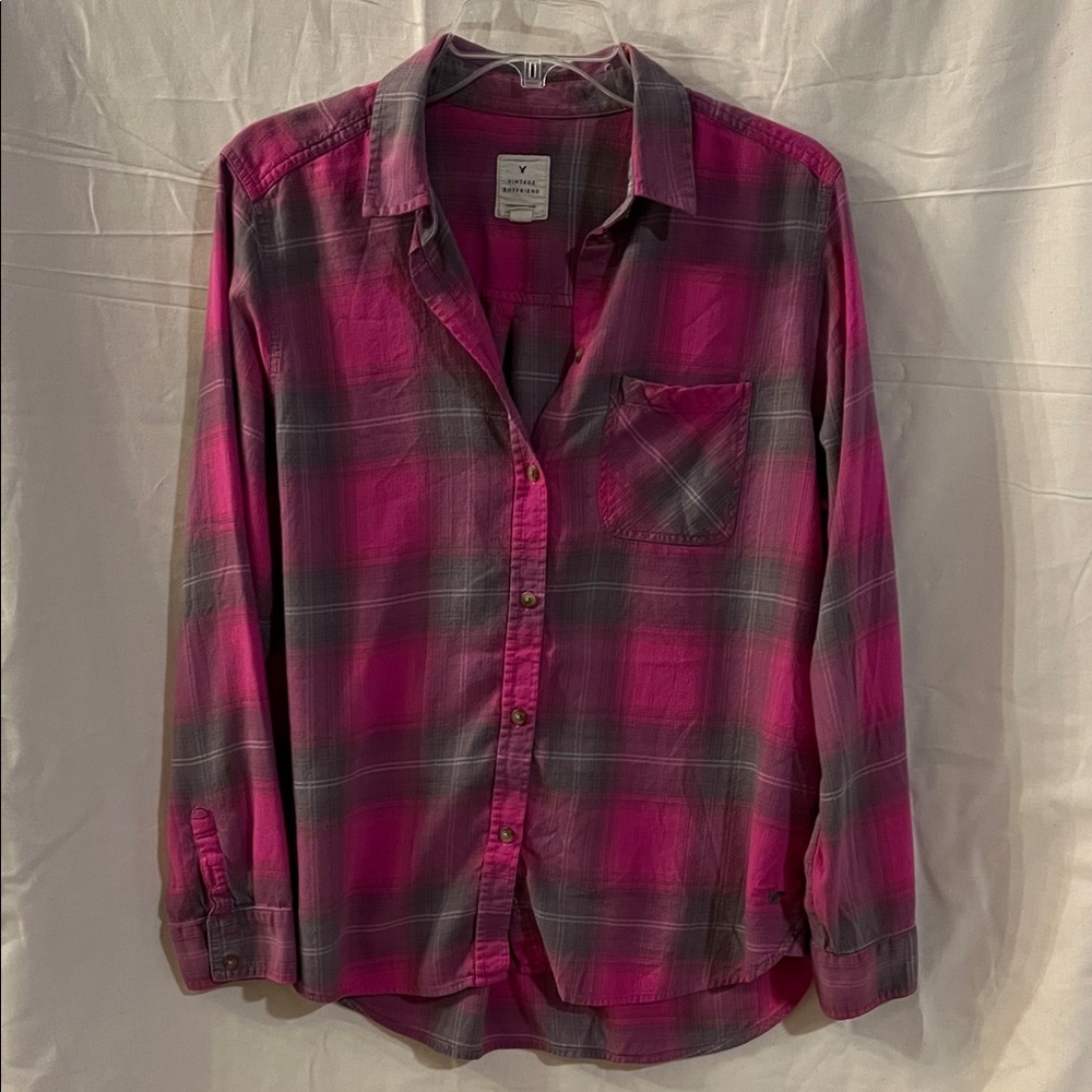 American Eagle Outfitters Pink and Gray Plaid Button Down Shirt